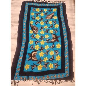 Large Oblong 62x40 Butterfly Scarf Fringe Teal Blue Yellow Florals Fringed Edge